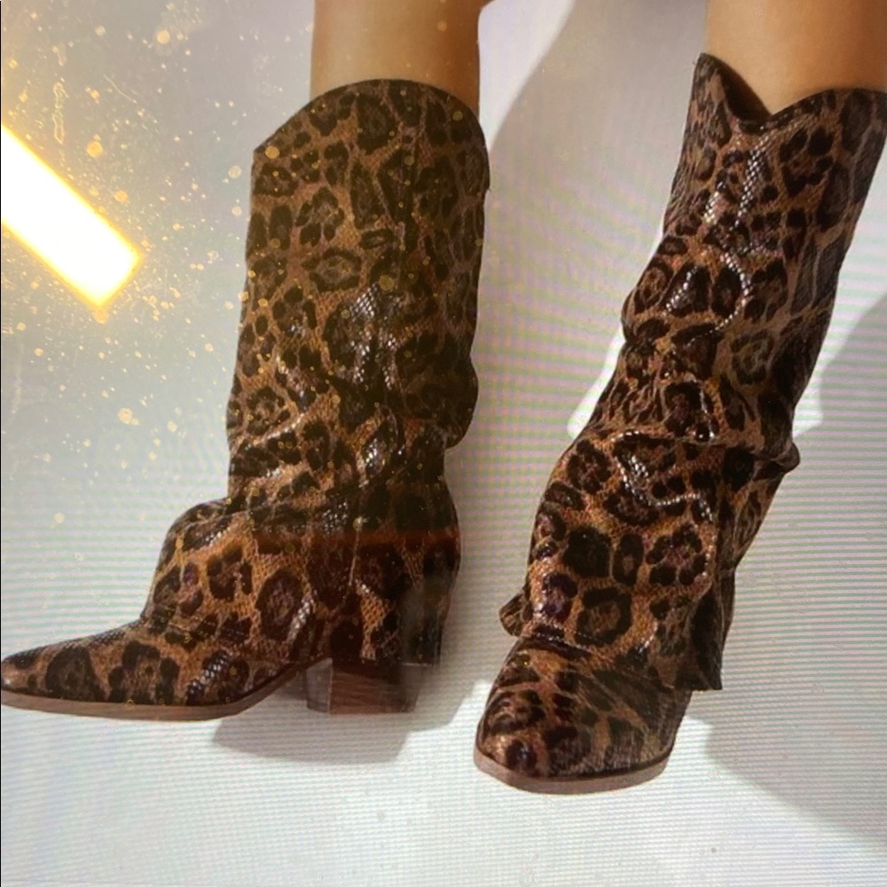 SHEIN Brown & Black Stacked Heel Tall Shaft Leopard Print Women's Boots - NWOT - Picture 4 of 12